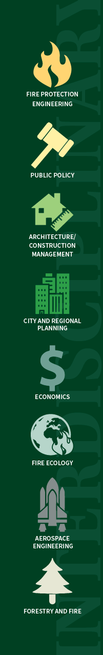 Vertical green banner featuring icons and academic disciplines related to wildfire and fire management: Fire Protection Engineering, Public Policy, Architecture/Construction Management, City and Regional Planning, Economics, Fire Ecology, Aerospace Engineering, and Forestry and Fire.