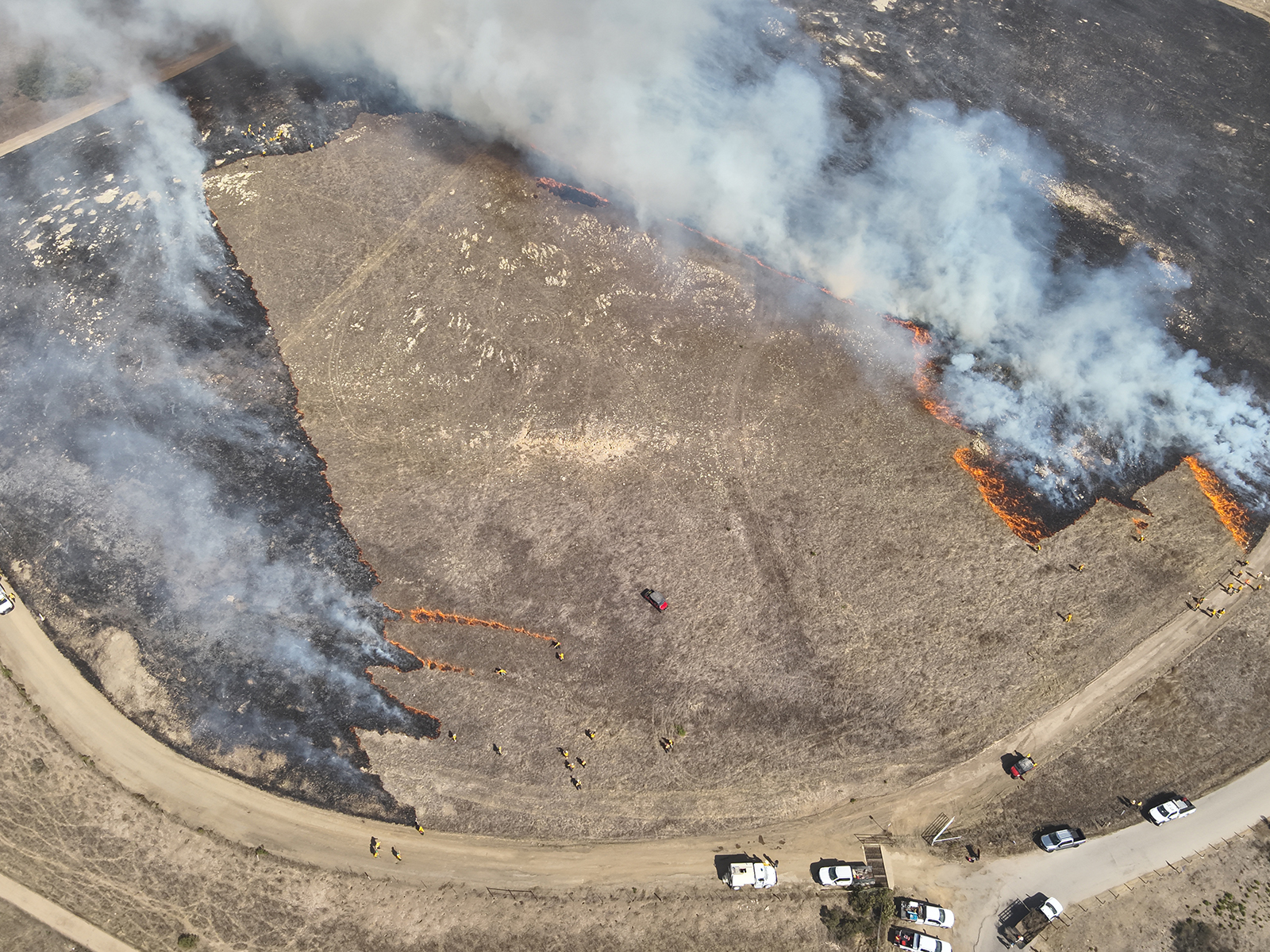 A drone photo of the prescribed burn on Cal Poly land. 