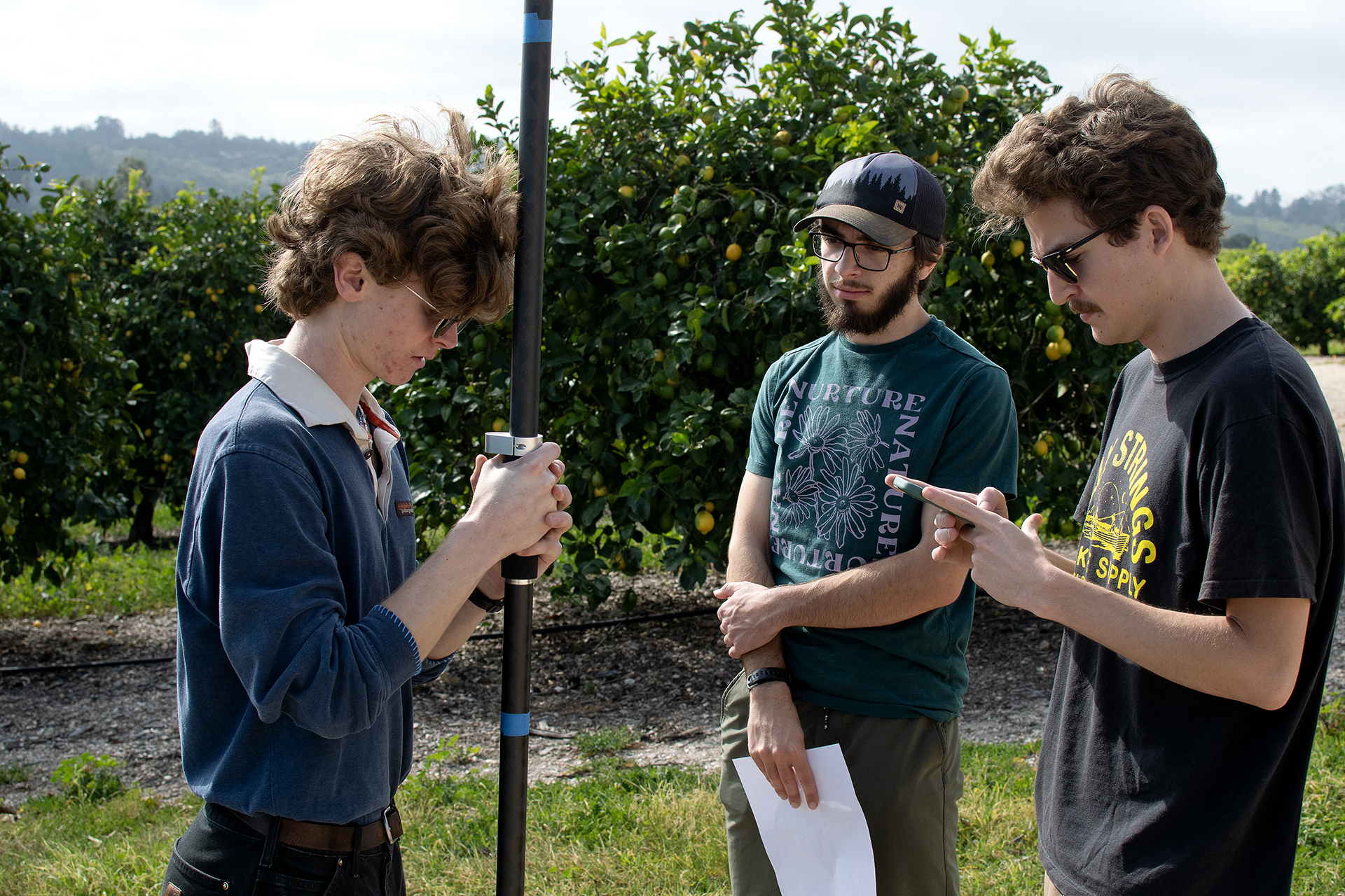 Cal Poly students take readings as they GIS map Bartleson Ranch and Conservatory in Arroyo Grande. 