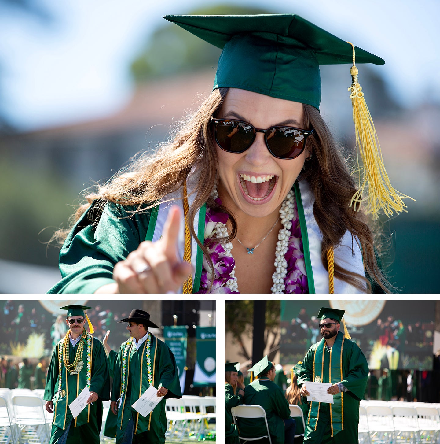 Three photos in one graphic. The large photo across the top shows a female student pointing and smiling at the camera after receiving her degrees at commencement. The bottom left image is of two male student waving at family. The bottom right is a photo of a male student smiling in his cap and gown.