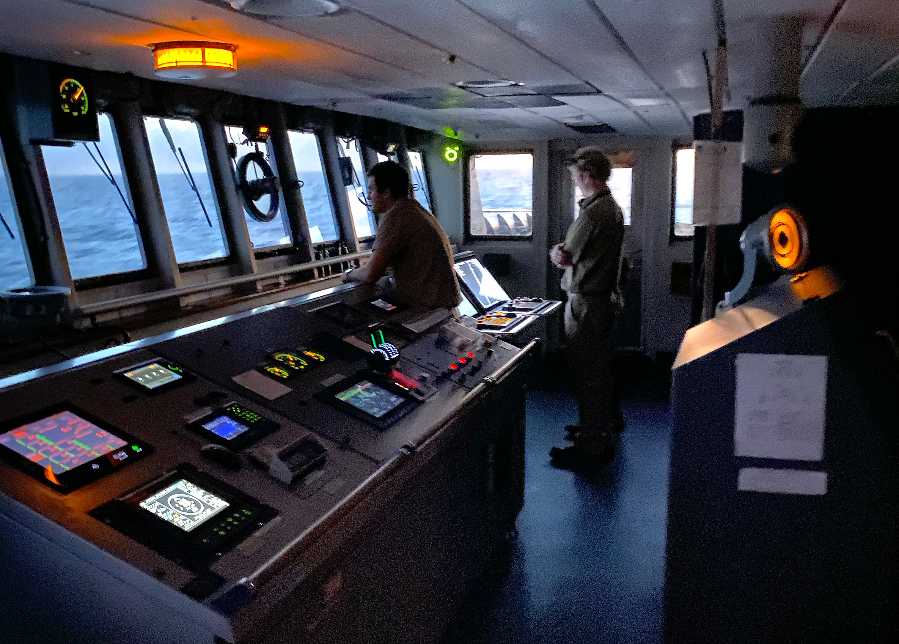 Cal Poly Maritime Academy students staff the bridge on the Training Ship Golden Bear. .