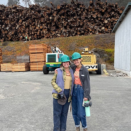 Two people wearing hard hats stand together at a lumber or forestry worksite, with stacked logs and cut timber visible in the background.