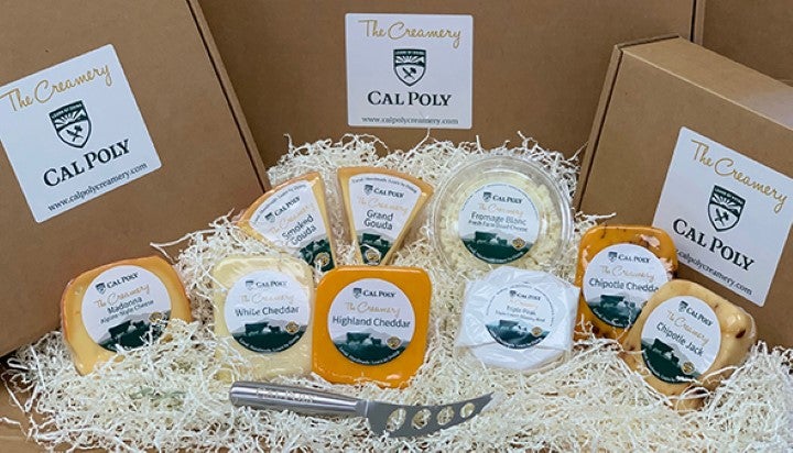 Selection of Cal Poly Creamery cheeses and dairy products displayed in branded packaging for promotional or retail presentation.