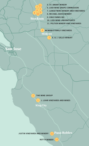 Map showing winery tour locations across California’s Central Coast and Central Valley regions, including Paso Robles, King City, Modesto, and Stockton.