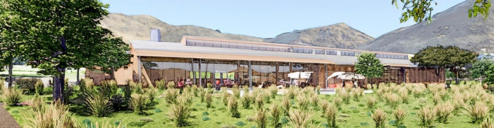 Architectural visualization of a contemporary campus agricultural building with outdoor gathering areas and surrounding greenery.