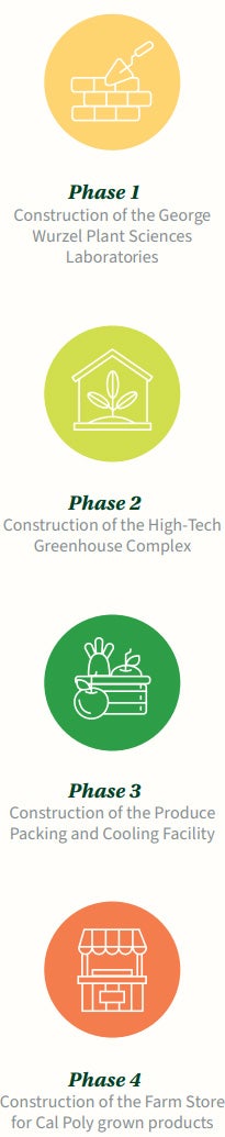 Infographic outlining four phases of an agricultural development project, including laboratories, greenhouse facilities, produce packing, and a farm store.