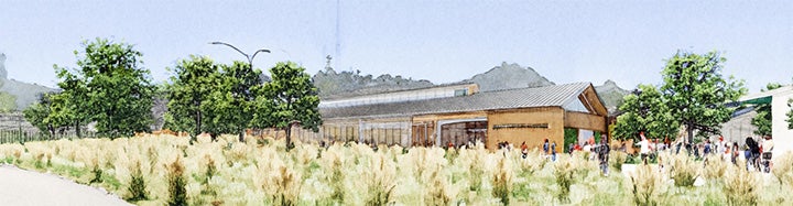 Architectural rendering of a modern agricultural or plant sciences facility surrounded by landscaped open space and hills.