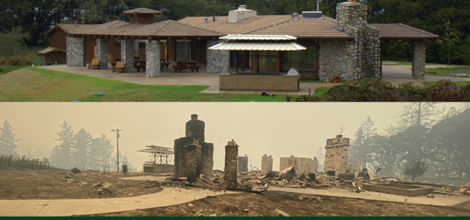 A before and after graphic with a photo of a building at Swanton Pacific Ranch above a photo from the same spot taken after a fire. The post-fire photo on the bottom shows burnt ground and only the chimney still standing. 