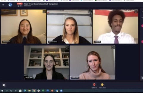 A group of five students appear on a virtual video call, each shown in individual panels during an online academic competition or meeting.