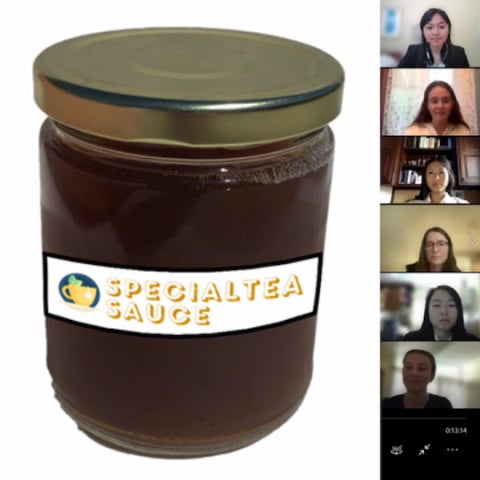 A jar labeled “Specialtea Sauce” is shown alongside a virtual meeting screen with several participants displayed in a vertical column.