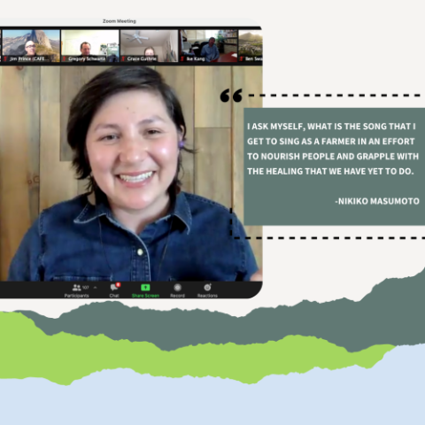 A smiling speaker appears on a Zoom call alongside a graphic featuring a quote about farming, healing, and nourishing communities.