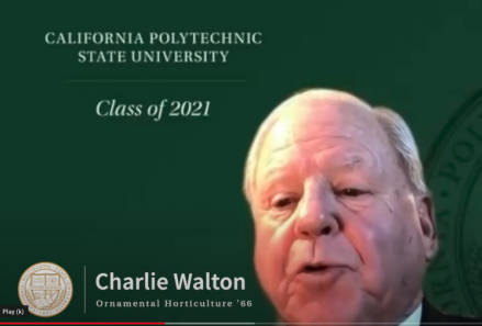 A video still shows an older alumnus speaking during a California Polytechnic State University Class of 2021 presentation, with his name and degree displayed on screen.