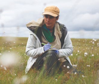 A researcher kneels in a grassy field wearing outdoor gear, carefully examining plants during fieldwork.