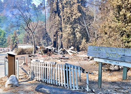 A fire-damaged rural property shows a collapsed structure, scorched trees, and a wooden sign near a partially burned fence in the aftermath of a wildfire.