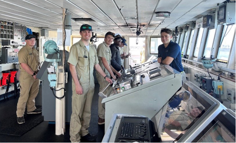 Marine Transportation student on the bridge of the Training Ship Golden Bear.