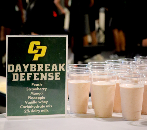 A table of smoothies designed and prepared for Cal Poly student athletes by nutrition students.