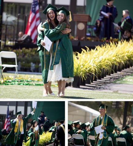 Three photos in one graphic. The large photo across the top shows two female students embracing after receiving their degrees at commencement. The bottom left image is of a male student waving at family. The bottom right is a photo of a male student smiling in his cap and gown.