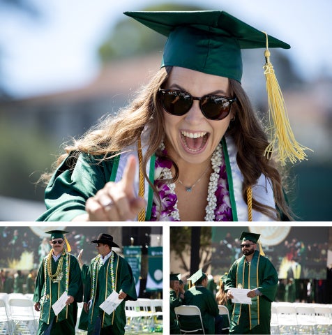 Three photos in one graphic. The large photo across the top shows a female student pointing and smiling at the camera after receiving her degrees at commencement. The bottom left image is of two male student waving at family. The bottom right is a photo of a male student smiling in his cap and gown.