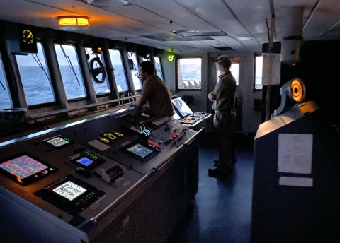 Cal Poly Maritime Academy students staff the bridge on the Training Ship Golden Bear. .
