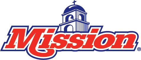 The logo for Mission Produce. The word "Mission" in red with a blue outline in front of the turret of an old mission-style building. 