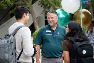 Dean Brian Horgan with students on the first day of class. 