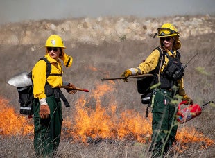 With flames in the background, a professor give direction to a student during a prescribed burn.