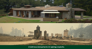 A before and after graphic with a photo of a building at Swanton Pacific Ranch above a photo from the same spot taken after a fire. The post-fire photo on the bottom shows burnt ground and only the chimney still standing. 