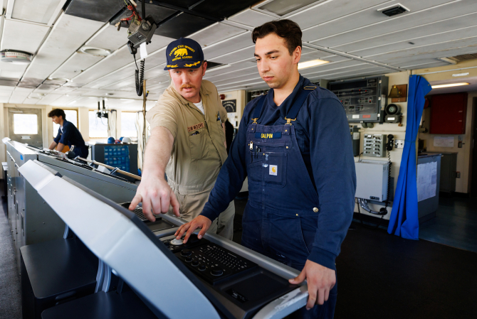 Cadets aboard Training Ship Golden Bear practice navigation and vessel operations at Cal Poly Maritime.