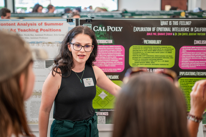 A student presents a poster from her research during the Summer Undergraduate Research Program