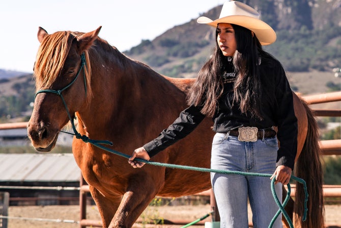 A student stands with Chase, Cal Poly's live mustang mascot. 