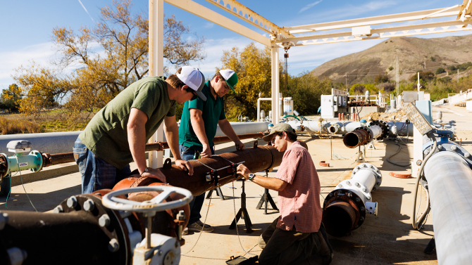 The Cal Poly Water Resources Facility used for irrigation teaching programs, and provides Cal Poly with a unique, closely situated field laboratory for demonstrations and laboratory exercisees