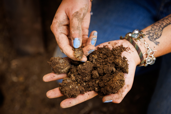 Cal Poly student learning with soil