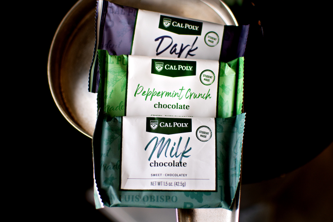 Cal Poly student-made chocolate bars including milk chocolate, peppermint crunch and dark chocolate. 