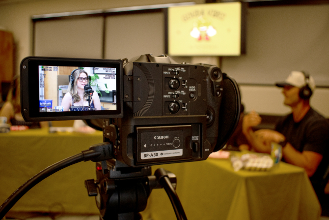 Camera one records during a student podcast. 