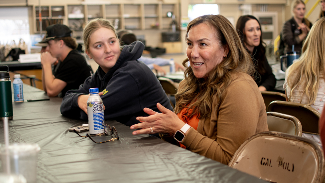 Industry professionals sit and talk with students. 