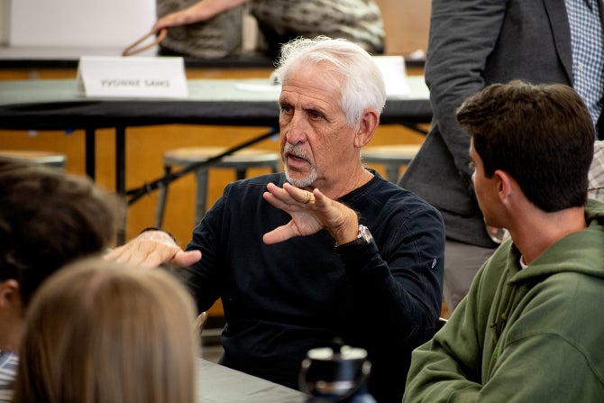 College of Agriculture, Food and Environmental Sciences alumni Kimo Falconer, president of MauiGrown Coffee, talks with students. 