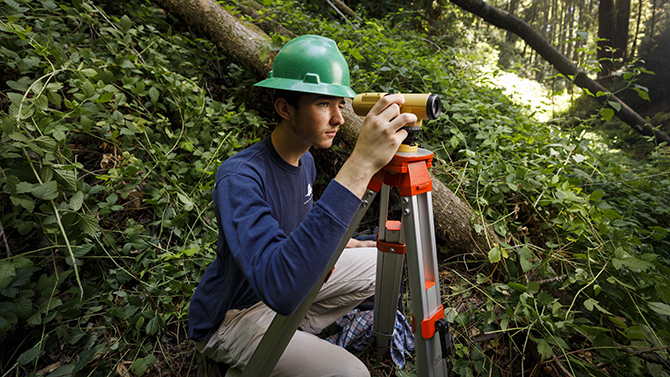 Students take measurements at Swanton Pacific Ranch while learning to use photo-monitoring methods, hydrologic instrumentation, survey channel morphology and analyze acquired field data in watershed management.
