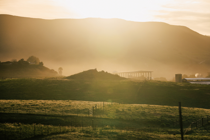 The sun sets over the dairy on campus. 