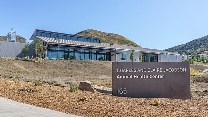 A photo of the outside of the Charles and Claire Jacobson Animal Health Center. 