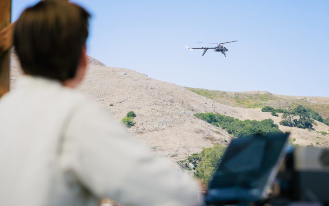 Rangeland Ecology and Management Professor Marc Horney works with a graduate student to take a drone equipped with LIDAR, hyperspectral, and multispectral imagery capture on a test flight.