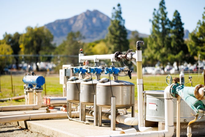 Water pumps and filtration systems at a Cal Poly irrigation practice field. 