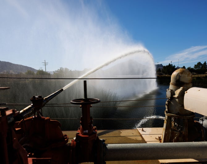 Irrigation water gets expelled during a training exercise at the Cal Poly Water Resources Facility.