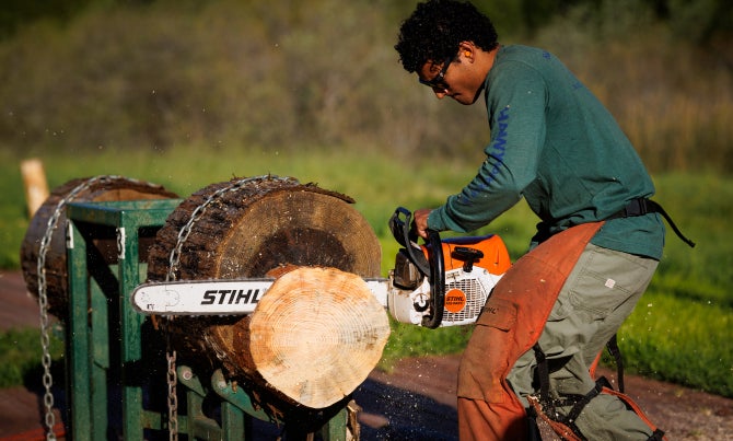 Members of the Cal Poly Logging Team hone their timber sports skills during a practice day on campus.