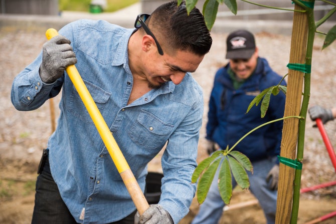 A student smiles as he plants a tree on campus. 