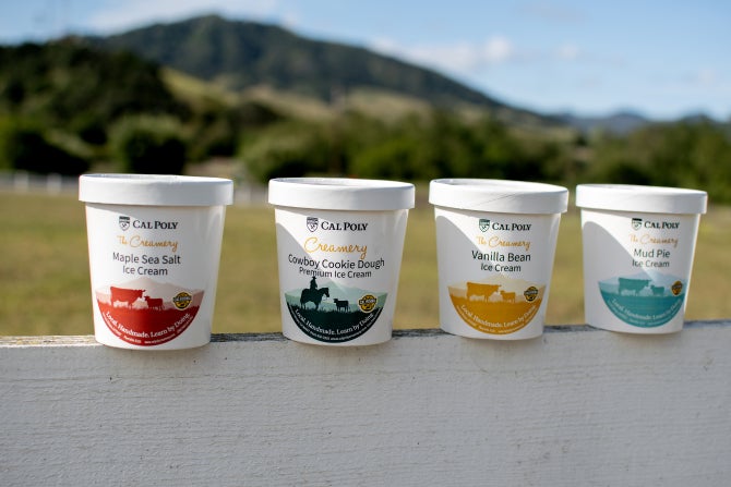 Four separate quart containers of Cal Poly ice cream sit on a ranch fence with Cerro San Luis in the background. 