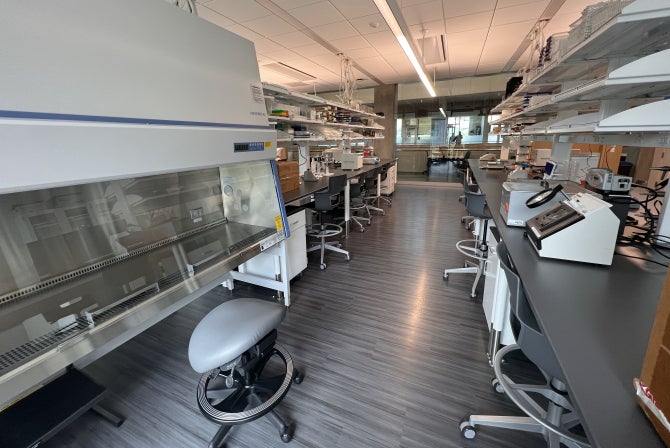 Instruments line stainless steel tables in the Food Safety Lab at Cal Poly.